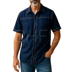 GIORGIO INSERTI Shirt Cuban Mens Linen Blue Contrast Stitch Size XL